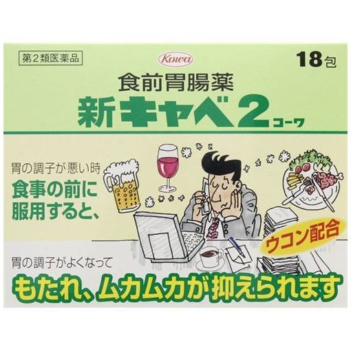 ※写真はイメージです。パッケージデザイン等は予定なしに変更されることがあります。商品の特徴もたれやムカムカ、食欲不振といった胃のトラブルは、快適な生活をさまたげてしまう問題のひとつです。特に、ちょっと食べ過ぎてしまったり、少しの間不規則な生活が続いただけで、すぐに胃のコンディションを落としてしまう人にとって、胃の調子をよくしておくことは重大な関心事といえるでしょう。いつでも、どこにいても、食事の前には胃の機能を整えてスッキリした状態で食事ができるようにしておきたいものです。新キャベ2コーワは、この目的に沿って開発された食前タイプの胃腸薬で、胃の調子が悪い時、食事の前にのみますと、弱っている胃の壁に保護膜をつくりながら事前に胃の働きをよくしておいてくれます。もたれ、ムカムカが抑えられ、また胃がスッキリしますので、食欲が出て食べられるようになります。溶けやすい顆粒剤で携帯にも便利な2連包です。外でのお食事、出張や旅行先でもその効果を発揮して胃をやさしく整えてくれます。成分・分量3包：3.9g中乾燥水酸化アルミニウムゲル・・・450.0mg合成ヒドロタルサイト・・・450.0mg水酸化マグネシウム・・・325.0mgウイキョウ末・・・200.0mgチョウジ末・・・50.0mgショウキョウ末・・・50.0mgウコン末・・・300.0mgニンジン乾燥エキス-E・・・20.0mg（ニンジンとして290mg）カンゾウエキス末・・・75.0mg（カンゾウとして525mg）メチルメチオニンスルホニウムクロリド・・・30.0mgベンフォチアミン・・・25.0mg〔添加物〕トウモロコシデンプン、カルメロースCa、硬化油、キシリトール、二酸化ケイ素、L-メントール、ヒドロキシプロピルセルロース効能又は効果もたれ、胃部・腹部膨満感、胃部不快感、食欲不振、消化不良、胃弱、胃重、胃痛、飲み過ぎ、食べ過ぎ、胃酸過多、胸やけ、げっぷ、胸つかえ、はきけ（二日酔・悪酔のむかつき、胃のむかつき、むかつき、嘔気、悪心）、嘔吐用法及び用量下記の量を毎食前に水又は温湯で服用してください。○成人（15歳以上）・・・1回量1包、1日服用回数3回○15歳未満の小児・・・服用しないこと＜用法・用量に関する注意＞用法・用量を厳守してください。使用上の注意点1．次の人は服用しないでください透析療法を受けている人。2．長期連用しないでください使用上の相談点1．次の人は服用前に医師、薬剤師又は登録販売者に相談してください（1）医師の治療を受けている人。（2）次の診断を受けた人。腎臓病2．2週間位服用しても症状がよくならない場合は服用を中止し、この添付文書を持って医師、薬剤師又は登録販売者に相談してください保管及び取扱上の注意点（1）高温をさけ、直射日光の当たらない湿気の少ない涼しい所に保管してください。（2）小児の手の届かない所に保管してください。（3）他の容器に入れ替えないでください。（誤用の原因になったり品質が変わります。）（4）使用期限（外箱に記載）をすぎた製品は服用しないでください。製造国日本お問合せ先（製造販売元）興和株式会社 医薬事業部 お客様相談センター03-3279-7755103-8433 東京都中央区日本橋本町三丁目4-14商品区分【第2類医薬品】※当店で販売の医薬品は使用期限まで半年以上あるものをお送りいたします。医薬品リスク区分：【第2類医薬品】この商品は1個までお買い上げいただけます。【広告文責】LABI1 LIFE SELECT 高崎ドラッグ027-345-8811