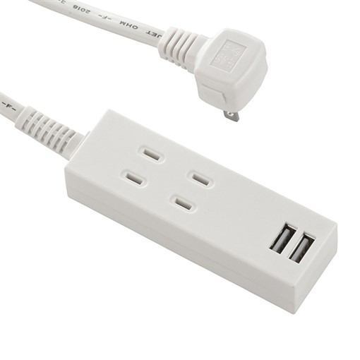 オーム電機 HS-TU22PBT-W USBポート付安全タップ 2個口 2m