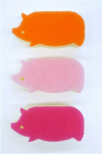 抗菌 ソフトキッチン アニマルスポンジ かわいい ぶた型3個組 ワイズ オレンジ+薄ピンク+濃いピンク