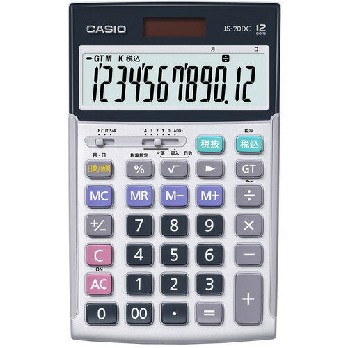 カシオ計算機 JS20DCN 電卓 CASIO 12桁ジャスト 発売日：2021年5月21日●一般企業での経理、財務、簿記や金融機関をはじめとするプロのニーズを徹底追及。日数＆時間計算タイプ。12桁表示。●早打ちにこだわったキー性能正確な早打ちを可能にするキーロールオーバー搭載。●ストレスなく使える快適性能周りを気にせず業務に集中できるサイレントタッチキー●計算ミスの防止に役立つ視認性打ち間違いなどの軽減に効果的な計算状態表示機能【仕様】重量：210g使用電源：ソーラー電池/電池(CR2032×1)電池寿命：約7年税計算キー：○3桁自動位取り：○桁数：12桁オートパワーオフ：○