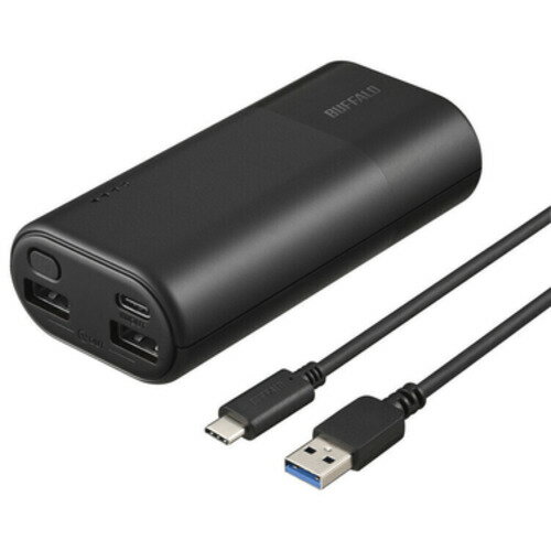 BUFFALO BSMPB10030C3BK モバイルバッテリー 10、000mAh ブラック発売日：2022年5月20日●「USB Type-C」搭載 本商品の充電、スマホへの給電ともに高速なUSB Type-Cポートを搭載。さらにUSB Type-Aポートを2つ搭載しており、同時に3台の機器へ充電可能です。 ●本商品の充電とスマホへの充電を同時に行う「パススルー機能」 充電器のポートが1つしかない場合でも、本商品を介することで本商品への充電とスマホやタブレットなどへの充電を一度に行えます。 ※接続機器への充電が優先されます。※本商品には、USB Type-A to Type-Cケーブル(15cm)が1本付属します。パススルー機能を使用する際は、必要な充電用ケーブルを別途ご用意ください。●Bluetooth機器の充電に対応する「低電流モード」搭載 Bluetoothヘッドセットなどの充電電流の小さい小型電子機器への充電に対応するモードです。 ●各機器に適した充電を自動識別する機能「AUTO POWER SELECT」 USB Type-Aポートには、「AUTO POWER SELECT」機能を搭載。iPhone、Androidなど接続機器を自動で判別し、それぞれに最適な給電を行います。 ※USB Type-Cポートには、「AUTO POWER SELECT」機能は搭載されていません。●スマートフォンを約3.8回※充電できる大容量タイプ※目安であり、温度や使用するケーブルの種類、長さによって変動します。※当社測定値です。●電源切り忘れによる無駄な電力消費を防ぐ「オートパワーオフ機能」出力電流を検知して給電していない時に自動で本商品の電源が切れる「オートパワーオフ機能」を搭載しており、無駄な消費を抑えられます。 ※スマートフォンによっては、100%充電表示後も充電が続く機種があります。●バッファローのバッテリーは安心・安全設計使用時の過電流(ショート)/過電圧などの異常を検知して動作を停止しスマホを保護する2段階の回路、安全装置付のバッテリーセルを搭載。安心・安全な充電が行えます。〇PSE(電気用品安全法)適合品〇UN38.3(国連勧告輸送試験)合格品●RoHS基準値準拠 2006年7月からEU圏で施行された電気・電子機器に対する特定有害物質使用制限指令「RoHS指令」の基準値に準拠しています。 &nbsp;【仕様】動作環境：温度10℃〜40℃、湿度10%〜85%(結露なきこと)対応機種(※1)：iPhone/iPadシリーズ / USB充電に対応するAndroidスマートフォン、タブレット / PCのUSB充電に対応しているゲーム機、デジカメ、Bluetoothヘッドセット、ヘッドホンなどバッテリータイプ：充電式リチウムイオン電池バッテリー容量：DC3.63V/10、000mAh(36.3Wh)入力：DC5.0V/3.0A出力・USB Type-Cポート：最大DC5.0V/3.0A・USB Type-Aポート：最大DC5.0V/2.4A※3ポート合計3.6A繰り返し充電回数：約500回充電回数：スマートフォンへの充電約3.8回(※2)外形寸法(幅×高さ×奥行)：約51×102×28mm(突起部除く)質量：約191gパッケージ寸法(幅×高さ×奥行)：約105×約178×約30mmパッケージ質量(本体含む)：約235g保証期間：6か月間製品構成：本体、USB Type-A to Type-Cケーブル(15cm)×1本、取扱説明書※1.USB PDでの充電には対応していません。※2.バッテリー容量約1、800mAhのスマートフォンでの当社試験結果に基づく。【測定に使用した機材】本商品、バッテリー容量約1、800mAhのスマートフォン、Lightningコネクター付き充電ケーブル(10cm)【測定方法】スマートフォンが2回目(最終)のバッテリー残量警告(残量10%)を表示した時点でスマートフォン本体の電源をオフにし、次にスマートフォン本体の充電状態が100%になるまでを1回とする。実際の充電時間、充電回数は温度、湿度、ご使用される充電ケーブルなどの測定環境および本商品、スマートフォンの状態により異なる場合があります。