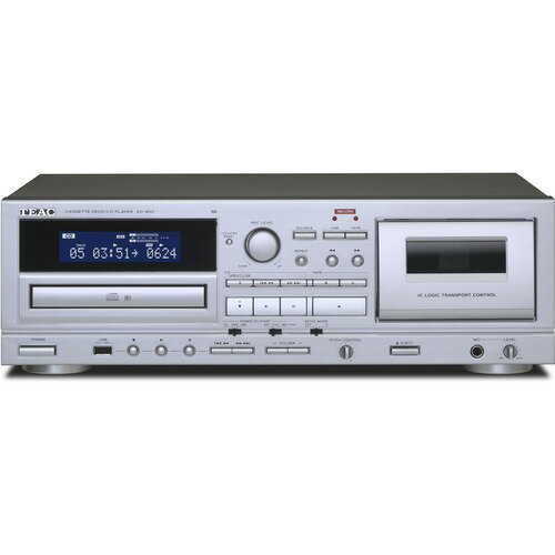 TEAC AD-850-SE／S カセットデッキ／CDプレーヤー シルバーAD850SE／S●カラオケにも使えるエコー機能付きマイク入力端子を装備。USBメモリーにも録音が可能なカセットデッキ&プレーヤー。『AD-850-SE』はUSBメモリーによる録音・再生に対応した、カセットデッキとCDプレーヤーの複合機です。カセット部は、録音/再生対応の2ヘッド/ワンウェイタイプでノーマル / クローム / メタル(再生時のみ)ポジションのカセットテープに対応。ピッチコントロール再生機能(+/-10%可変)も搭載するなど、基本性能をおさえました。CDプレーヤー部は、音楽CDの他にもMP3ファイルを記録したCD-R/RWの再生も可能。プログラム再生やシャッフル再生、リピート再生(1曲/全曲/プログラム)などの各種再生モードも搭載しています。USBメモリー再生・録音機能は、MP3形式のファイル再生と録音に対応しており、CDと同様にプログラム再生やシャッフル再生、リピート再生に対応しています。カセットテープ/CD/外部入力機器からUSBメモリー(MP3ファイル)への録音や、CD/USBメモリー(MP3ファイル)/外部入力機器からカセットテープへの録音など、それぞれのメディア間でのダビングが可能です。●USBメモリーへの録音や再生が可能CD/カセットテープ/外部入力機器からUSBメモリー(MP3ファイル)への録音や、CD/USBメモリー(MP3形式)/外部入力機器からカセットテープへの録音が可能です。USBメモリーにはソース毎に自動生成されたフォルダ(CD/LINE/TAPE)へ保存されますので、パソコンを使わずにデジタル-アナログ変換を簡単に行うことができます。●マイク入力を装備フロントにマイク入力端子を装備。接続したマイク入力のみの再生/録音はもちろん、CD/カセット/USBメモリーの音声とミキシングして再生/録音することができます。 ※CDとマイクをミックスした音声はUSBメモリーに録音することはできません。●エコーエフェクト機能接続したマイクの音にエコーをかける機能を搭載。フロントパネルのスイッチで2段階の掛け具合とOFFを設定することが可能です。AD-850-SEとマイクがあれば簡単にカラオケが楽しめます。 ※カラオケを楽しむためには、別途アンプやスピーカーが必要となります。●基本性能をおさえたカセットデッキ部カセット部は録音・再生の2ヘッド/ワンウェイ仕様。ノーマル / クローム / メタル(再生時のみ)ポジションのカセットテープに対応。+/-10%可変のピッチコントロール機能やタイマー録音・再生機能等、基本性能をおさえました。●MP3ファイルも再生可能なCD-R/RW対応CDプレーヤー部CDプレーヤー部は、音楽CDの他にもMP3ファイルを記録したCD-R/RWの再生も可能。MP3再生時のID3タグやファイル名※などを表示します。プログラム再生やシャッフル再生、リピート再生(1曲/全曲/プログラム)などの各種再生モードを搭載しています。 ※ファイル名の表示は半角英数字(1バイト文字)対応しています。日本語などの全角文字(2バイト文字)が使われている場合は正しく表示されません。●多彩なUSBメモリー録音・再生機能連続再生やシャッフル再生、プログラム再生など多彩な再生モードに加え、再生モードと組み合わせて使えるリピート再生機能を装備。USBメモリーへの録音時に音源側(CD/TAPE)が自動的に再生を開始するシンクロスタート機能は録音時の煩雑さを解消します。●便利なタイマー機能搭載カセットのタイマー録音・再生およびCD、USBメモリーのタイマー再生が可能です。 ※市販のタイマーが別途必要です。&nbsp;【仕様】外形寸法(W×H×D)：435×145×288mm(突起部含む)質量：4.8kg電源：100V AC、50/60Hz消費電力：13W動作温度：5〜35℃動作湿度：5〜85%(結露のないこと)保管温度：-20〜55℃付属品：リモコン(RC-1329)、 リモコン用乾電池(単4)×2、RCAオーディオケーブル×2、 取扱説明書(保証書付き) 、簡単録音ガイド[カセットテープ]トラック形式:4トラック2チャンネル・ステレオヘッド構成:録音/再生ヘッド×1、消去ヘッド×1テープタイプ:カセットテープC-46/C-60/C-90テープ速度:4.76cm/秒モーター:DCサーボモーター×1ピッチコントロール:約+/-10%(再生のみ)ワウ・フラッター:0.25% (W.RMS)周波数特性 (総合):クローム 50〜12、000Hz +/-3dBノーマル 50〜12、000Hz +/-3dBSN比 (総合):59dB (3%THDレベルWTD)早巻時間:約120秒 (C-60テープ)ライン入力(RCA):462mV (入力インピーダンス50kΩ以上)ライン出力(RCA):462mV (負荷インピーダンス50kΩ以上)[CDプレーヤー]ピックアップ:3 ビーム、半導体レーザーデジタルフィルター:8 倍オーバーサンプリングデジタルフィルター周波数特性:20Hz〜20kHz +/-2dB全高調波歪率:0.02%以下(1kHz)SN比:87dB以上(IHF-A)アナログ出力(RCA):2.0V[USBレコーダー/プレーヤー]インターフェース:USB 1.1 FULL SPEED (12Mbps)〈再生〉・フォーマット:MP3・周波数特性:20Hz〜20、000Hz(+/-2dB)・SN比:85dB以上・ビットレート:8k〜320k bps〈録音〉・フォーマット:MP3・周波数特性:CD → USB 20Hz〜15、000Hz(+/-3dB)(※1) ・LINE IN → USB 100Hz〜15、000Hz(+/-3dB)・SN比:85dB以上・ビットレート:128kbps・最大録音可能時間:240分(※2) ※1.音楽CDフォーマット(CD-DA)のみ対応※2.240分を超えると自動で停止します。[マイク入力]コネクター:6.3mm(1/4")モノラル標準ジャック基準入力レベル:0.78mV("60dBm)入力インピーダンス:47kΩ以上電源供給機能:なし