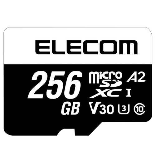 エレコム MF-MS256GU13A2R データ復旧microSDXCメモリーカード U3 V30 256GB Class10 UHS-I 発売日：2024年9月20日●ビデオカメラやVlogカメラにおすすめ!4K対応のmicroSDXCメモリーカードです。UHS-I、U3、V30対応。読み込み最大95MB/s、書き込み最大85MB/sで、4Kなどの高画質・大容量データも素早く快適に扱えます。データ復旧サービス付きです。●ビデオカメラやVlogカメラにおすすめ!4K対応のmicroSDXCメモリーカードです。●4Kなどの高画質・大容量データも素早く快適に扱えます。●高速インターフェース規格であるUHS-Iに対応しています。●読み書き時の最低速度を保証するSDスピードクラス「Class10」/UHSスピードクラス「Class3」/ビデオスピードクラス 「V30」に対応したmicroSDカードです。●※UHS-I非対応機器でも動作可能です。対応機器で使用することで本来の性能を発揮します。●メモリーカード上のアプリケーションを快適に使用するための規格“アプリケーションパフォーマンスクラス”の「クラス2」(A2)に対応し、スマートフォンをより快適にご利用いただけるようになります。●アプリケーションパフォーマンスクラスは、microSDメモリーカード上のデータ編集などを含むアプリケーションを快適に利用するための規格です。●アプリケーションパフォーマンスクラスに対応したmicroSDメモリーカードでは、地図、写真、動画、音楽、辞書、書類などのデータの保存はもちろん、データの編集や更新などの処理速度においても効果が得られます。●※A2非対応機器でも動作可能です。対応機器で使用することで本来の性能を発揮します。&nbsp;【仕様】メモリ規格：microSDXCスピードクラス：Class10、UHS-I、U3、V30、A2インターフェース：microSDメモリ容量：256GB最大転送速度：読み込み:95MB/s、書き込み85MB/s最低保証速度：30MB/s ※UHS-I対応機器使用時外形寸法：幅約15.0mm×奥行約1.0mm×高さ約11.0mm重量：約0.4g付属品：SD変換アダプター×1保証期間：1年間(データ復旧サービス含む)その他：JIS防水保護等級7(IPX7)に準拠 ※本体のみ著作権保護機能：CPRM非対応