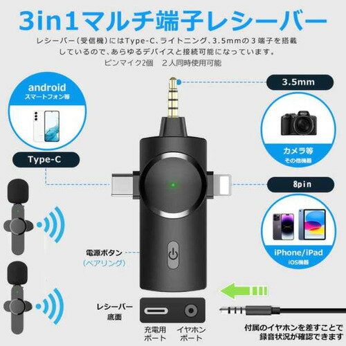 ヤマダ電機　楽天市場店のRM RM-Y2907YMIC3W ワイヤレスマイクロホン 3in1ピンマイク 2P ブラック｜アングル3