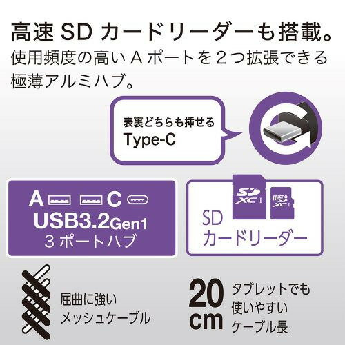 ナカバヤシ COM-C3SD143BK USB3.2 Gen1 Type-Cx1 Type-Ax2 SDカードリーダー・ライター 変換アダプタ ブラック