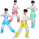 子供太極拳ウエア 半袖中国風武術服 キッズ 切り替え サルエルパンツ 男の子 女の子 舞台演出服 カンフー武術 気功 上下二点セット ステージダンス衣装