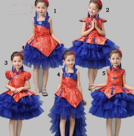 即納！在庫処分！中国風子供ドレス/キッズワンピース　女の子中華風ワンピース　チュール　唐装漢服　ダンス衣装/ステージ衣装 舞台団体服 ダンス衣装 社交ダンス衣装　ダンスウェア/発表会　学園祭