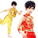 龍刺繍チャイナ風子供武術服　中国風ダンスウェア　太極拳演出服　女の子　男の子　カンフー　気功　上下二点セット　武術舞台演出服　コスプレ衣装　男女兼用　ステージ衣装