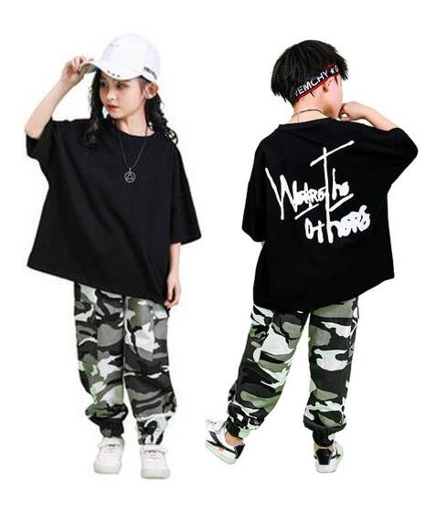 キッズヒップホップダンス衣装 半袖シャツ+サルエルパンツ上下2点セットアップ　迷彩柄　HIPHOPジャズダンスウェア　110-180　子供 男の子 女の子　パンツ　ガールズ ジャズダンス ステージ衣装