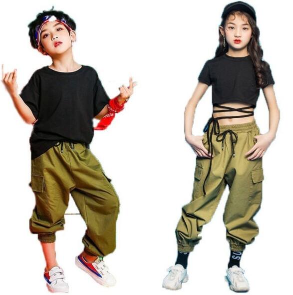 キッズダンス衣装 女の子男の子ヒップホップダンス衣装上下2点セットアップ HIPHOP ジャズダンス　チア トップス カーゴパンツ ロング丈　ズボン 半袖Tシャツ 子供 ジャズダンス ステージ舞台衣装 練習着