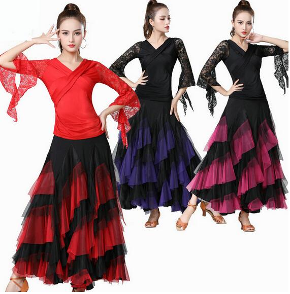 ラテン社交ダンスウエア レースtシャツ+スカート レイヤード風スカート ゴージャス 社交ダンス衣装 ステージ衣装 練習着 豪華モダンなスカートセットアップ マキ...
