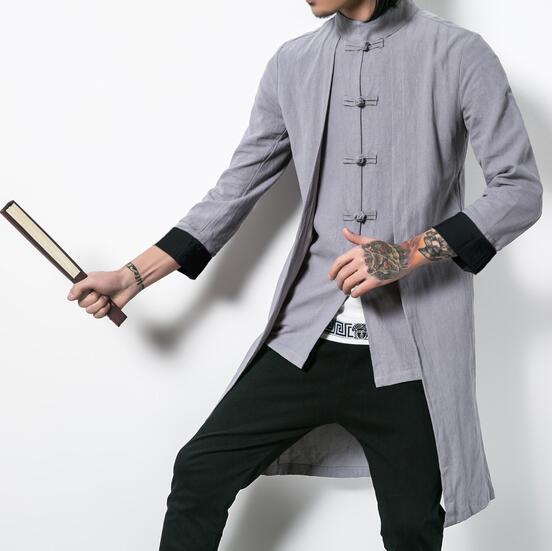 メンズマキシ丈中華風ジャケット 棉麻 中国風トレンチコート スプリングコート 3色 重ね着風リネンスプリングコート エスニック 華流コスプレ衣装 唐装漢服 太極拳ウエア カンフー