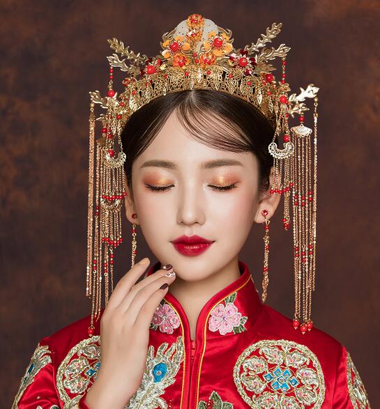 中国風ウェディング髪飾り物セット　美品チャイナ古代宮廷風唐装