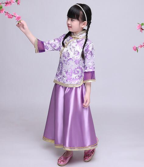 子供中華民国風漢服　可愛い　女の子チャイナドレス　5色　ロング丈スカート　7分袖tシャツトップス上下2点セット 中国近代唐装漢服　ハロウィン　普段着　レトロ　ハロウィンコスプレ衣装 舞台衣装 中華ドレス 古筝楽器演奏会