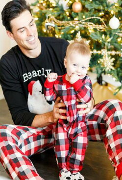 プレゼント クリスマスパジャマ 親子ペアルームウェア ベビー チェック柄 ロング丈パンツ 子供 ママ パパ 家族部屋着 長袖tシャツ パジャマ上下セット
