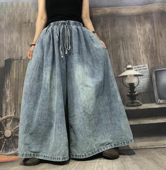 デニムワイドパンツ ゆったりジーンズレディース デニムガウチョパンツ　サルエル　スカート風 ロング丈