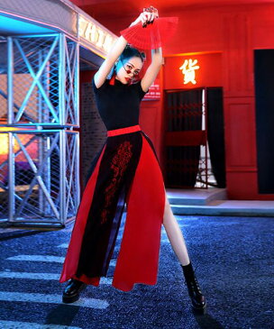 レディースヒップホップジャズダンス衣装 上下セットアップ スリットガウチョパンツ 中華風jazzダンスウェア 舞台演出服 無地長袖/半袖tシャツ イベント クラブ団体演出ダンスウェア