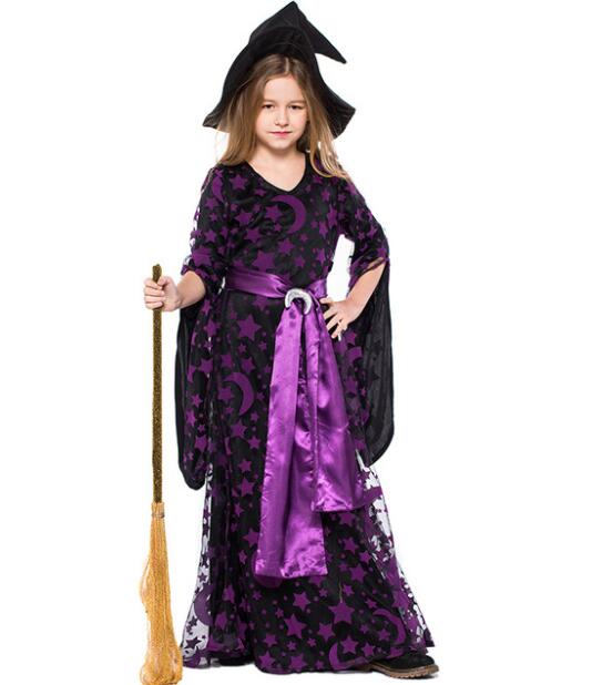 ハロウィンコスプレ衣装 魔女コスプレ　子供　月星柄　キッズ コスプレ 女の子 巫女 魔女 ハロウィン仮装衣装 白黒 パーティードレス ワンピース パーティ ロング丈ワンピース yamadasyouji-10002427 yamadasyouji パッケージ画像