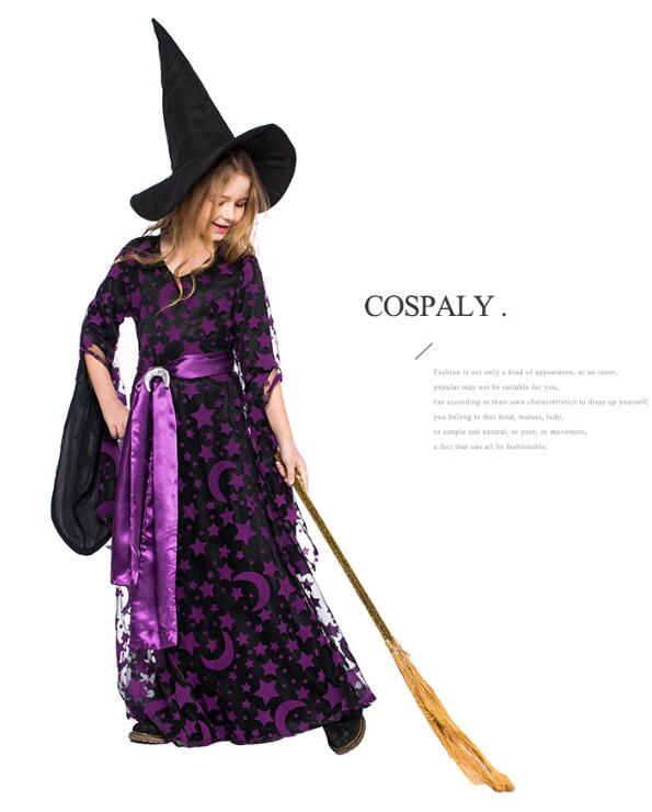 ハロウィンコスプレ衣装 魔女コスプレ　子供　月星柄　キッズ コスプレ 女の子 巫女 魔女 ハロウィン仮装衣装 白黒 パーティードレス ワンピース パーティ ロング丈ワンピース yamadasyouji-10002427 yamadasyouji サンプル画像3