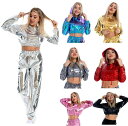 レディースジャズダンス衣装トップス ショート丈tシャツパーカー 長袖フード付き pu素材 光沢ヒップホップJAZZDS衣装 舞台演出服 hiphopダンスウェア...