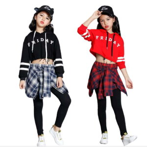 子供ダンス衣装 2点セットアップ　チェック柄キュロット　キッズ へそ出し ガールズ ヒップホップ HIPHOP 長袖シャツ　フード　子供ダンス衣装 ステージ衣装