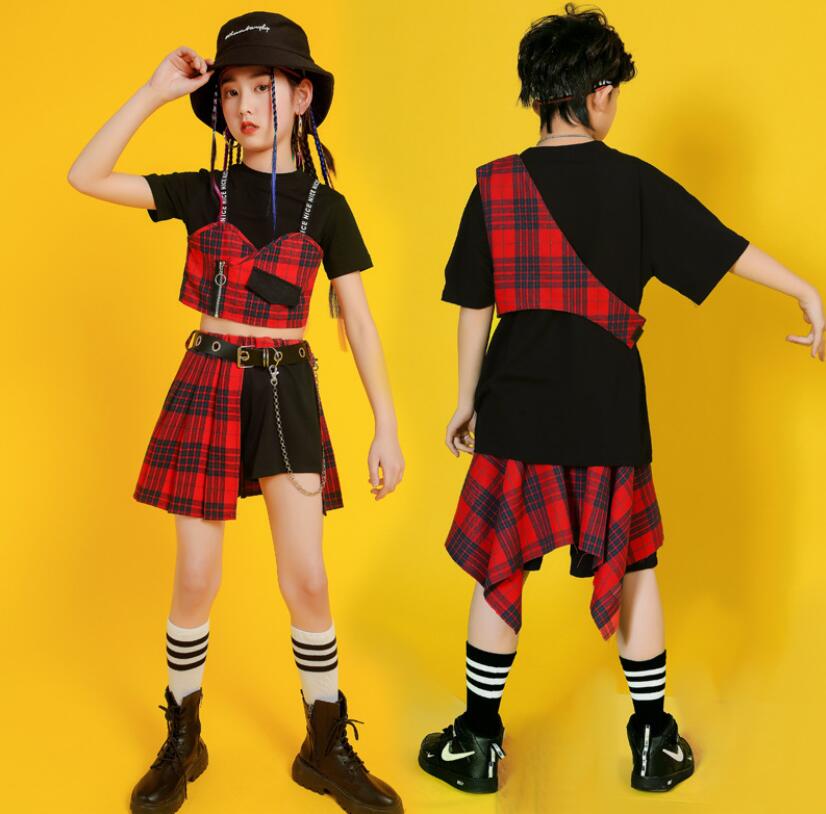 キッズダンス衣装　ヒップホップジャズ舞台演出服　チェック柄ベスト　エプロン　tシャツ　ハーフパンツ　スカート　ゆったり　子供hiphop セットアップ 子供シャズダンス衣装 ステージ　ジャズキッズ服 110〜170