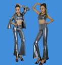 レディース スーツセット ステージダンス衣装 ロング丈ガウチョパンツ 光沢あり舞台ダンス衣装 シルバー スーツセット ジャズダンス ヒップホップダンス ジャケット パンタロン フレアパンツ DJ