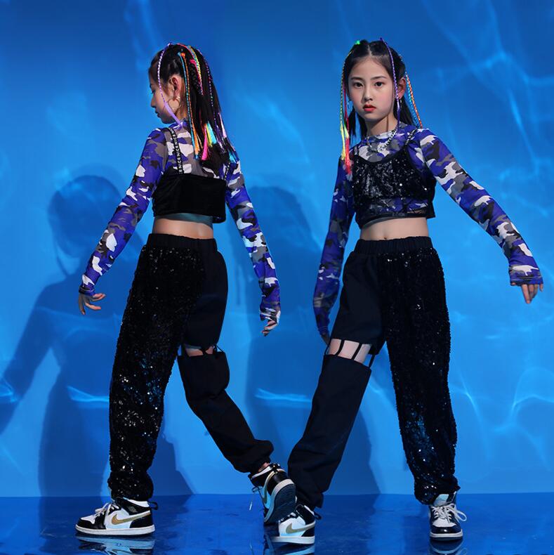 キッズヒップホップダンス衣装　長袖迷彩柄シャツ　スパンコールベスト　パンツ　セットアップ　女の子ダンス衣装ウェア　jazzガールズ ダンスウェア ファッションショー　子供ジャズヒップホップダンス衣装