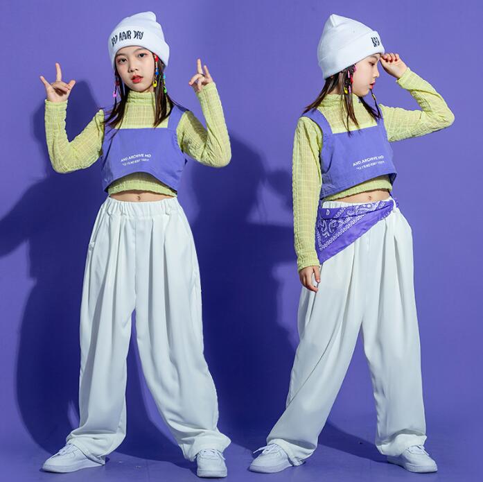 新品！キッズヒップホップジャズダンス衣装 タンクトップ　舞台モデル　女の子ステージ演出　白スラックス　ハイネックシャツ　チアガール　チアリーディング　チアダンス衣装応援団 hiphop 団体演出服舞台ステージ衣装　イベント 文化祭