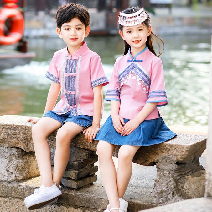 中華子供ダンス衣装 チャイナチワン族ダンス衣装 ジーンズ 子供三月三ダンス衣装 キッズ民族風出演服 綿麻 刺繍 中華コスプレ衣装 ハロウィンコスプレ クリスマス 女の子 男の子中華服 中国コスチューム 学園祭 イベント 中華舞台衣装 ステージ衣装