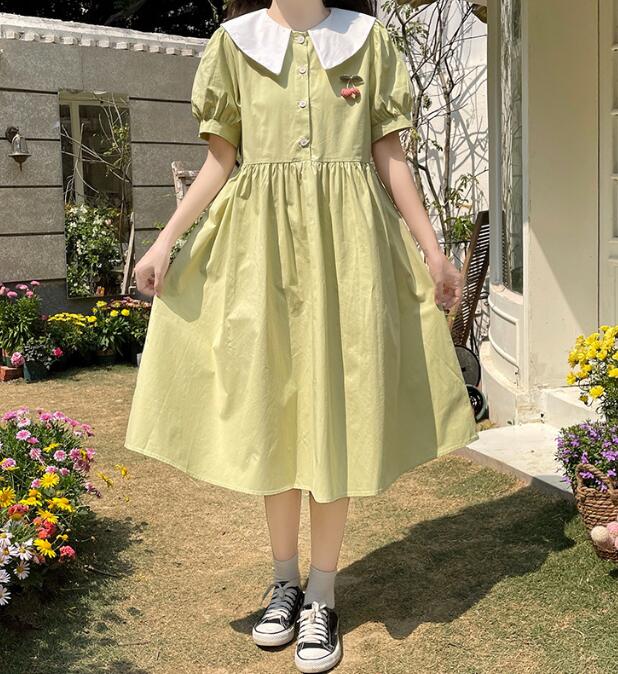 レディースワンピース　半袖　ゆったり　少女ワンピース　ロリータ　森ガール　10代　20代　フラットカラー　学園風　中高生　青春　Lolita森ガール　日系　学生 妊婦 マタニティ