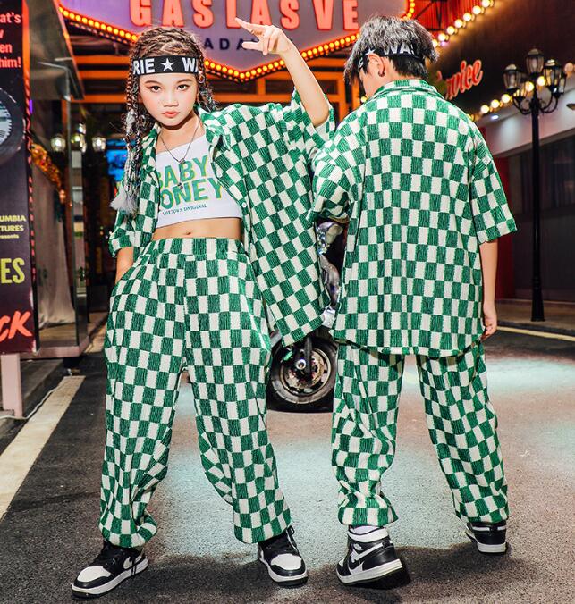 チェック柄子供ヒップホップジャズダンス衣装　半袖ワイシャツ+サルエルパンツ　チェック柄ファッション　普段着　子供hiphopジャズダンスウェア　ゆったりキッズ舞台演出服　ステージダンスウェア