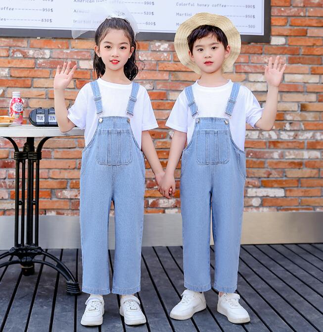 子供サロペット2点セット　 ロング丈デニムパンツ オーバーオール +半袖tシャツ 男の子女の子 オーバー..