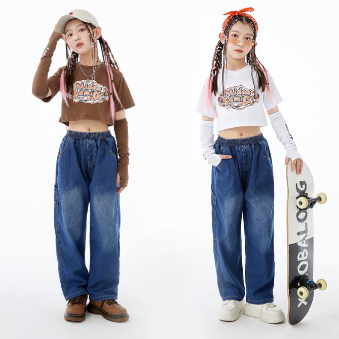 子供舞台ダンス衣装　夏子供半袖tシャツ+ジーンズ　ロング丈パンツ　上下2点セットアップ　ヒップホッ..