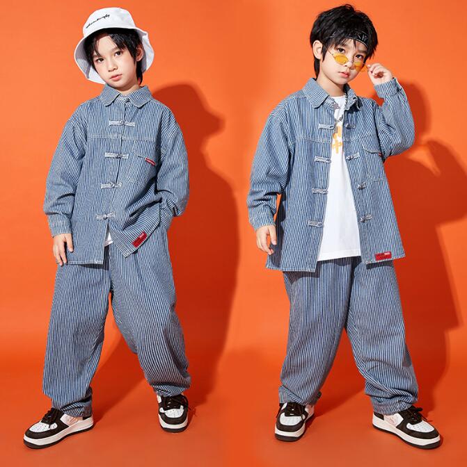 子供舞台ダンス衣装　中華風　ストライプ柄上下セット　ジャケット　中華風ブルゾン　ロング丈パンツ　..