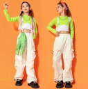 子供舞台ダンス衣装 春夏長袖tシャツ カーゴパンツ 緑 ローズ ロング丈パンツセット へそ漏れtシャツ ヒップホップジャズダンスウェア チアガール チアリーディ...