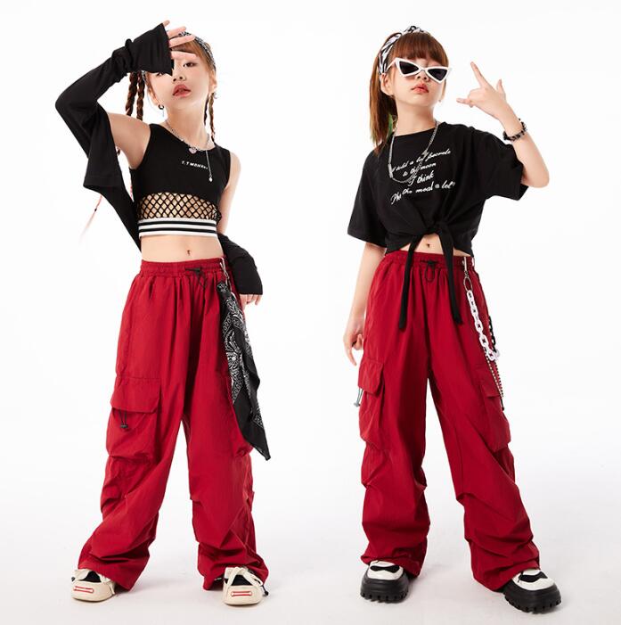 子供ヒップホップジャズダンス衣装　臍出しtシャツ+カーゴパンツ2点セットアップ　女の子hiphopjazzダンス衣装　ショール ステージ演出服　チアガール　キッズダンスウェア　キッズ社交ダンス衣装　HIPHOP　イベント　コスチューム