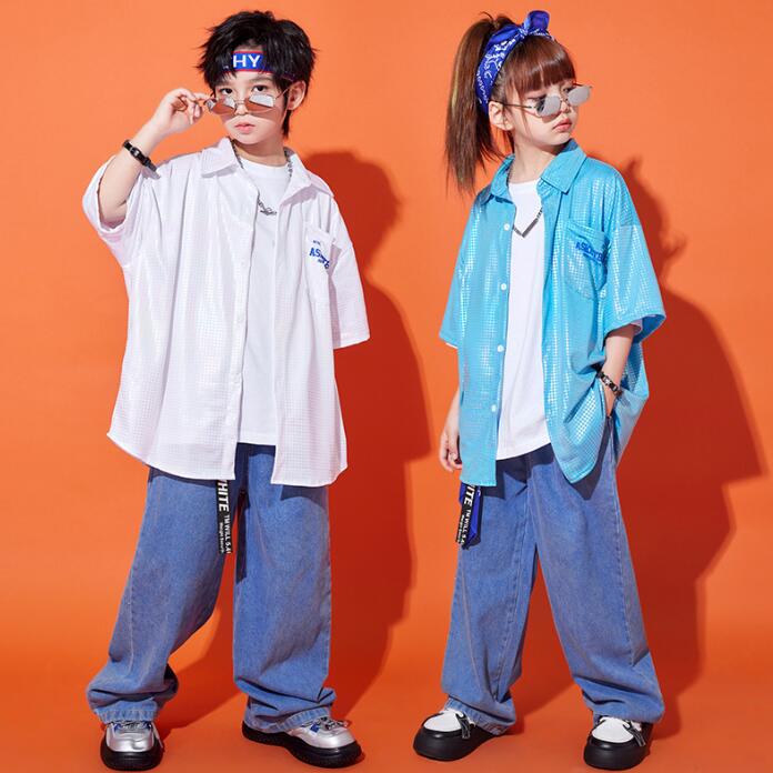 Rakuten - 子供ヒップホップダンス衣装　子供シャツカーディガン　ジーンズ　デニムサルエルパンツ　男女兼用　男の子/女の子hiphopjazzダンス衣装　ステージ演出服　キッズ社交ダンス衣装　HIPHOP　イベント　コスチューム