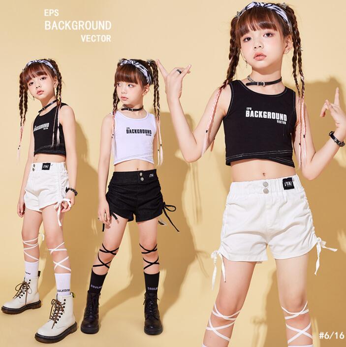 子供ヒップホップジャズダンス衣装　女の子臍出しタンクトップtシャツ　夏ショートパンツ　女の子hiphopjazzダンス衣装 ステージ演出服　チアガール　キッズダンスウェア　キッズ社交ダンス衣装　HIPHOP　イベント　コスチューム