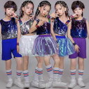子供ヒップホップダンス衣装 女の子/男の子舞台演出服 チアガール スパンコールtシャツ+ショートパンツ ミニスカート チアリーディング 上下2点セット社交ダンス衣装 HIPHOP 学園祭 ハロウィン コスチューム