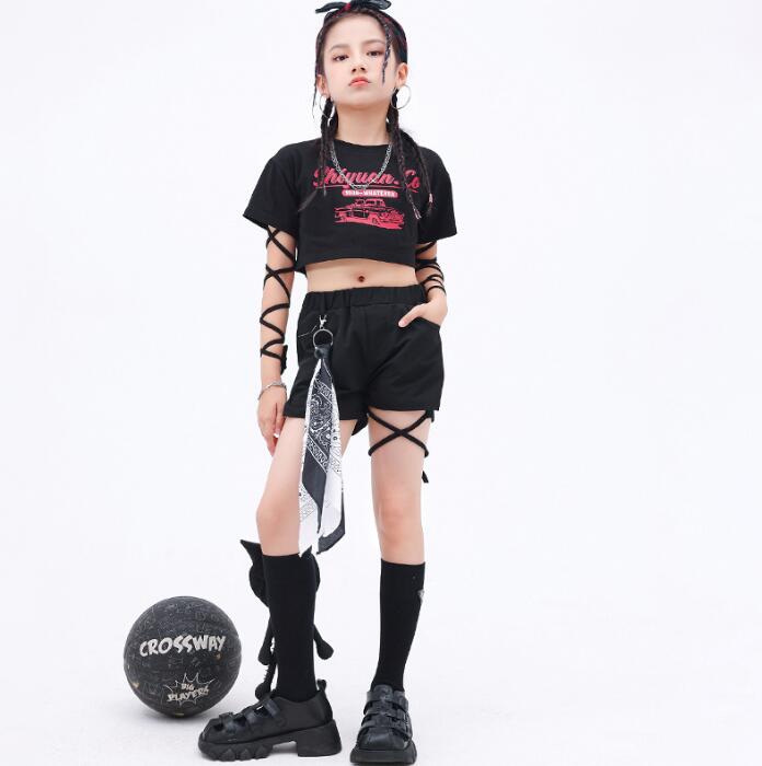 女の子ジャズダンスウェア　子供ヒップホップジャズダンス衣装　夏臍出しtシャツ　ハーフパンツ　ファッション女の子ジャズステージ演出服　キッズダンスウェア　キッズhiohopjazzダンス衣装　社交ダンス衣装　HIPHOP　イベント　コスチューム