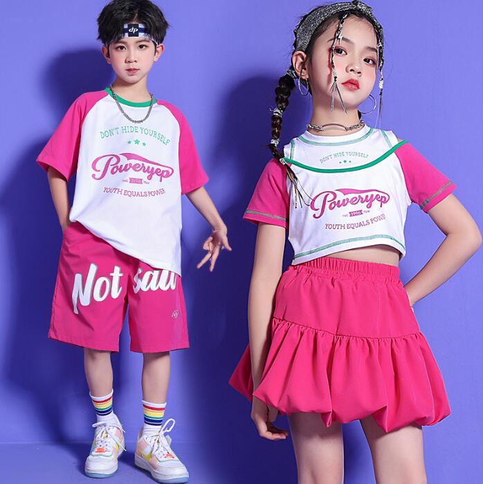 Short Pants - 子供ヒップホップジャズダンスウェア　半袖tシャツ+ボトムス　ピンク系　ショート丈　夏ファッション子供ヒップホップジャズダンス衣装　キッズhiohopjazzダンス衣装　社交ダンス衣装　HIPHOP　イベント　コスチューム