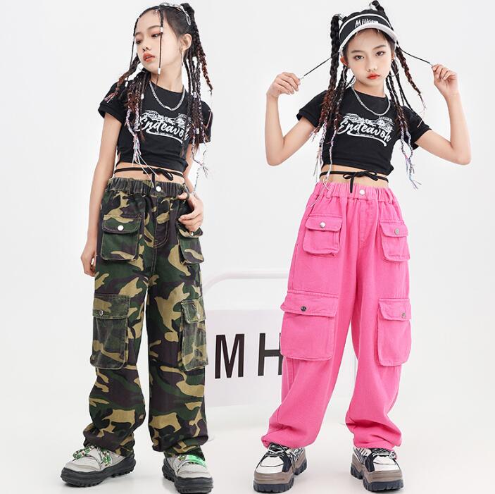 女の子ジャズダンスウェア　春夏子供ヒップホップジャズダンス衣装　半袖夏臍出しtシャツ　迷彩柄　カーゴパンツ　ショール　日常服　キッズhiohopjazzダンス衣装　社交ダンス衣装　HIPHOP　イベント　コスチューム