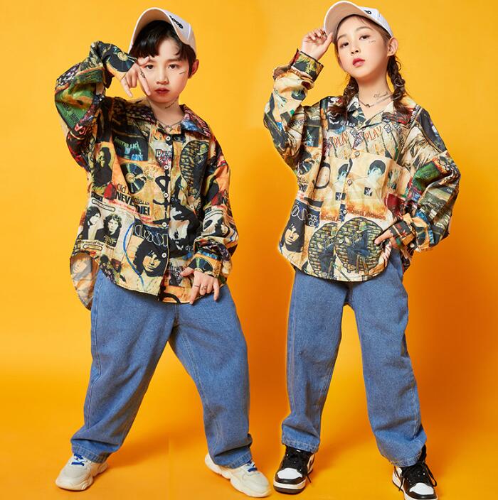 子供ヒップホップジャズダンスウェア　ハワイ風長袖アウター　サルエルパンツ　デニムパンツ　ジーンズ..