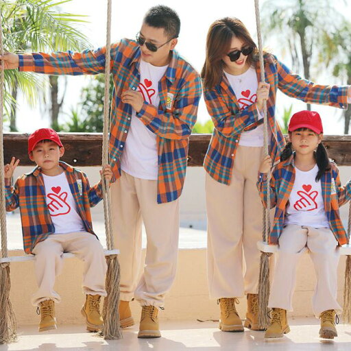 親子ペア家族お揃い衣装 春秋 チェック柄ワイシャツ サルエルパンツ 長袖tシャツ カジュアル男の子メンズ女の子レディースセットアップ ママパパ キッズ 親子コーデ ペアルック 旅行 学園活動