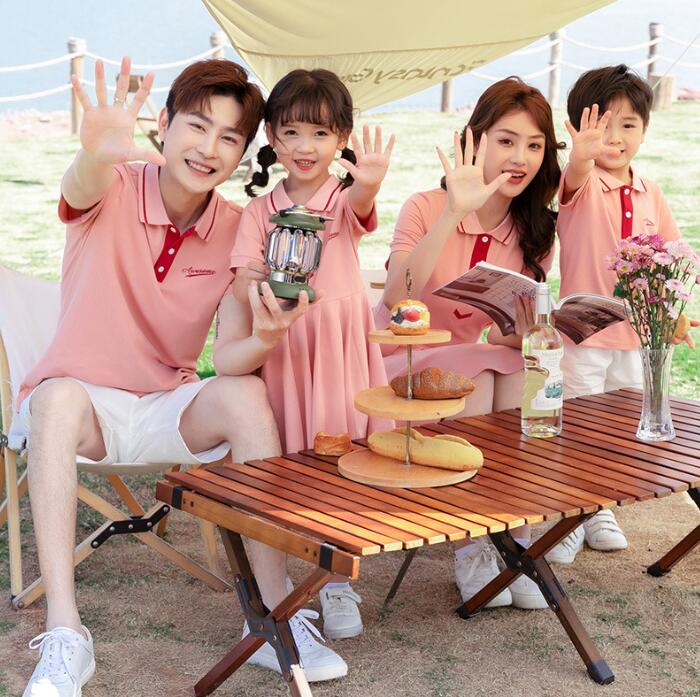 親子ペア家族お揃い衣装　ポロシャツショートパンツセット　レディース/女の子ワンピース　2色　Aラインワンピース　親子ペア学園活動　夏　ペアルック　海旅行　ママパパ　キッズ　親子コーデ　ペアルック 海旅行衣装