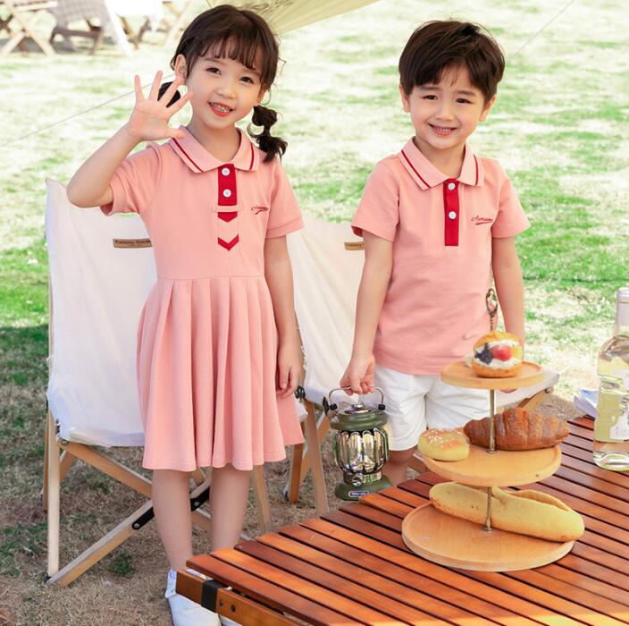 親子ペア家族お揃い衣装　ポロシャツショートパンツセット　レディース/女の子ワンピース　2色　Aラインワンピース　親子ペア学園活動　夏　ペアルック　海旅行　ママパパ　キッズ　親子コーデ　ペアルック 海旅行衣装