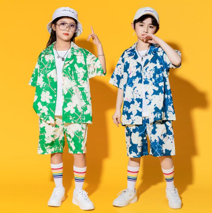 Rakuten - 子供ヒップホップジャズダンス衣装　ハワイ風花柄女の子/男の子ステージ演出服　夏　半袖シャツアウター　ショートパンツ　チアガール　キッズダンスウェア　キッズhiohopjazzダンス衣装　社交ダンス衣装　HIPHOP　イベント　コスチューム
