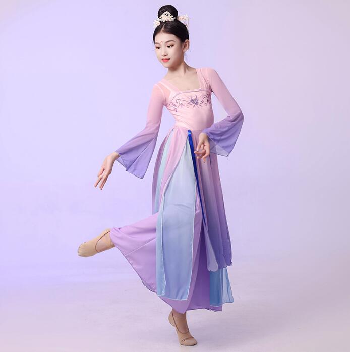 子供古典ダンス衣装 切り替えワンピース 女の子チャイナドレス風バレエダンスウエア シフォンスカート ロング丈ブラウス 中華ボタン フレア袖 キッズバレエ/古典ダ...