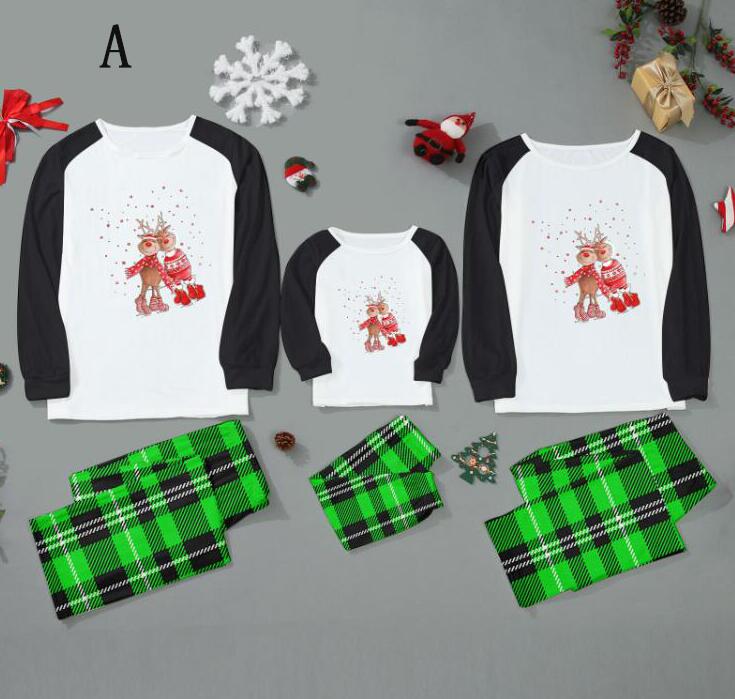クリスマスパジャマ クリスマス元素プリント 10タイプ チェック柄パンツ 親子ペアルームウェア サンタクロース鹿プリント Merry☆Christmas子供男女兼用パジャマ 子供 ママ パパ 家族部屋着 長袖tシャツ パジャマ上下セット